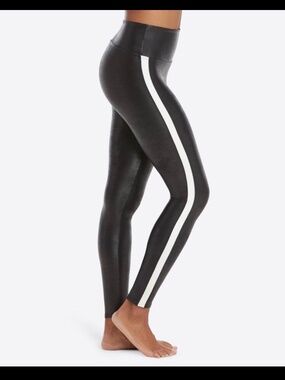 SPANX Black Faux Leather Leggings Ivory Side Stripe High Rise Medium